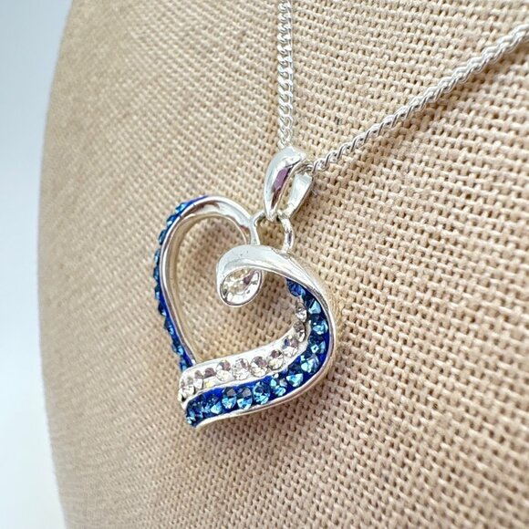 VTG Sterling Silver 925 Blue & White CZ Heart Pendant Necklace Size 20" Length - Picture 3 of 12